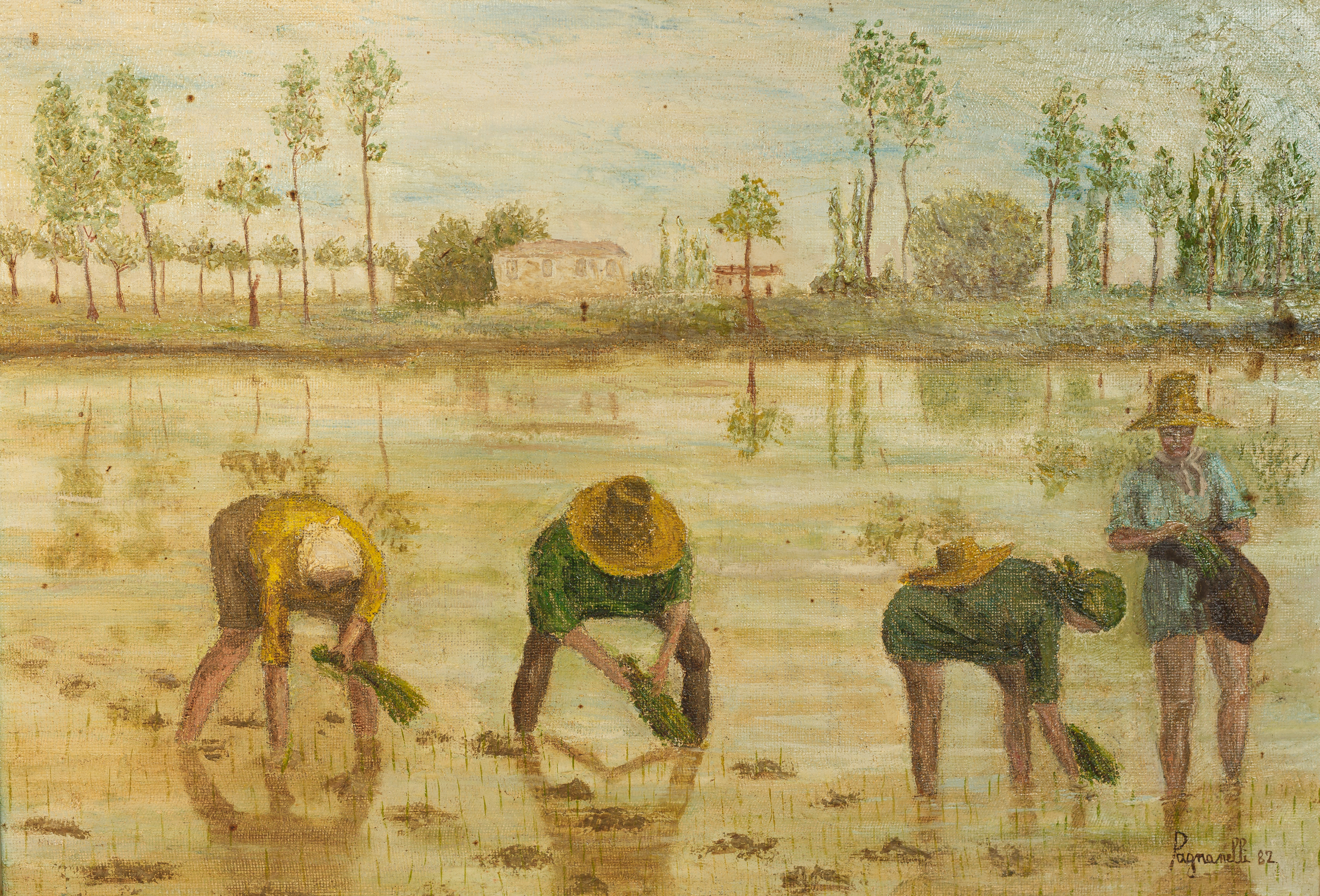 Fig. 5. Liana Medici Pagnanelli, Le mondine 1982, Olio su faesite. 45x65 cm, Collezione privata